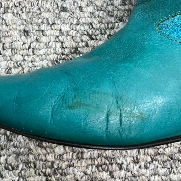 Vintage 70s 80s turquoise Italian suede leather applique mid calf flat boots 8 - Picture 13 of 15